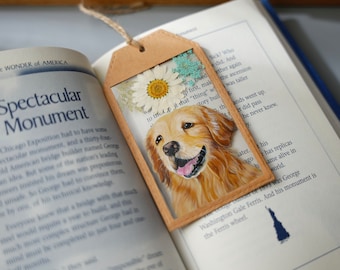 Custom Pet Portrait Bookmark: Hand-Painted Acrylic with Pressed Flowers
