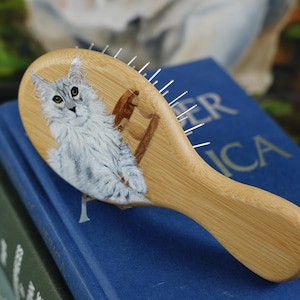 Custom Hand-Painted Pet Portrait Bamboo Handle Cushion Massage Comb, Steel or Boar Bristle Brush, Perfect for Long-Haired Pet Grooming