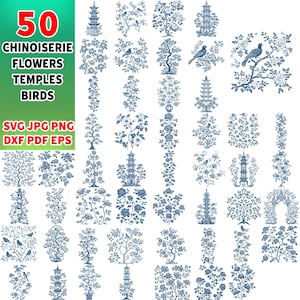 Chinoiserie 50 SVG-bundel, Chinoiserie Svg, Chinoiserie bloemen Svg, Chinoiserie Wallpaper Elements Svg, Chinoiserie clipart