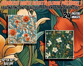 24 Dante Gabriel Rossetti Inspirado Floral Seamless Patterns Pack 1: Papel Digital, Texturas Imprimibles, Uso Comercial, Descarga Instantánea