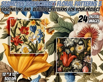 24 Ambrosius Bosschaert Inspiré Floral Seamless Patterns Pack 3 : Papier numérique, Textures imprimables, Utilisation commerciale, Téléchargement instantané