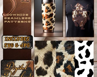 Padrão sem costura de couro de vaca em SVG e JPG, pacote de papel digital com estampa de vaca do oeste americano, fundos com textura de estampa animal para sublimação e uso comercial.
