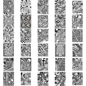 May include: A collection of 36 black and white illustrations featuring intricate patterns and designs. The illustrations are arranged in a grid format and each one is unique.