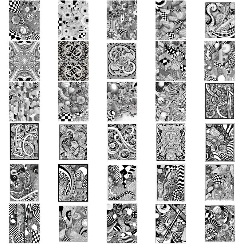 May include: A collection of 36 black and white illustrations featuring intricate patterns and designs. The illustrations are arranged in a grid format and each one is unique.