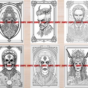 K&ouml;nnte beinhalten: Sechs Schwarzwei&szlig;illustrationen von Fantasy-Charakteren in verzierten Rahmen. Die Charaktere umfassen einen Sch&auml;del mit einer Krone, einen Mann mit H&ouml;rnern, eine Frau mit einer Krone, eine Frau mit einer Krone und Fl&uuml;geln sowie zwei M&auml;nner mit B&auml;rten.