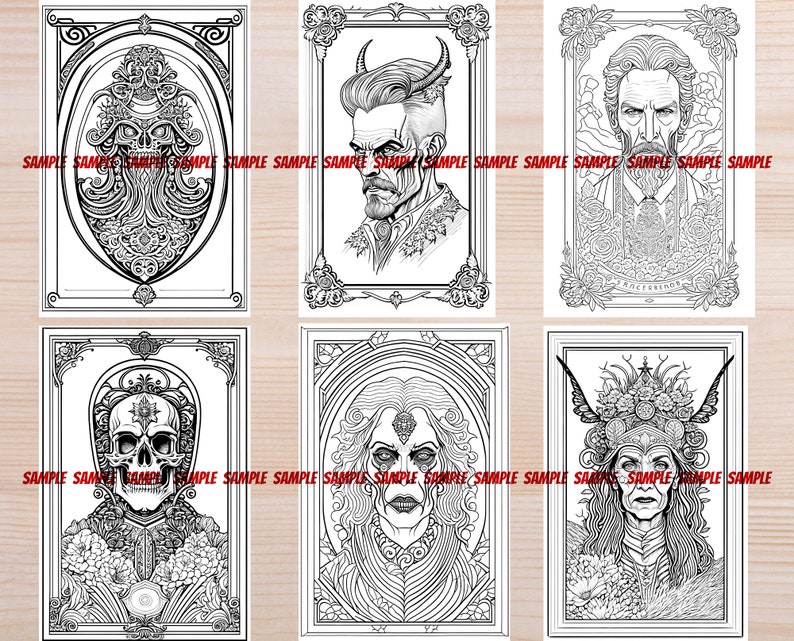 K&ouml;nnte beinhalten: Sechs Schwarzwei&szlig;illustrationen von Fantasy-Charakteren in verzierten Rahmen. Die Charaktere umfassen einen Sch&auml;del mit einer Krone, einen Mann mit H&ouml;rnern, eine Frau mit einer Krone, eine Frau mit einer Krone und Fl&uuml;geln sowie zwei M&auml;nner mit B&auml;rten.