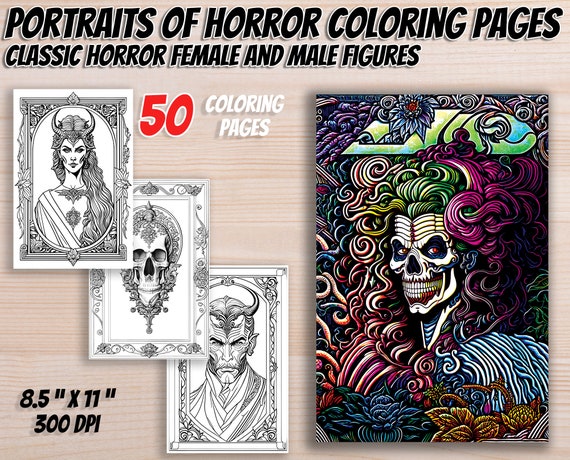 Coloring Pages Set: Gothic Horror Portraits - 50 Printable Designs