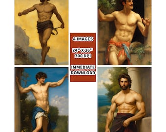 Four Classical Athletes Illustrations, Male Four Digital Paintings, Gay art, Male painting, Male Portrait, Male study, Athlete, Mature