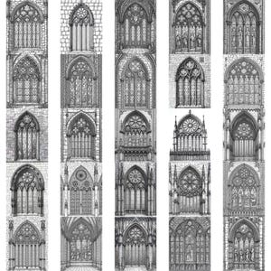 May include: A collection of detailed black and white illustrations of Gothic-style windows and architectural elements. Each drawing showcases intricate designs, including arched frames, stained glass patterns, and stone textures, evoking a sense of historical architecture.
