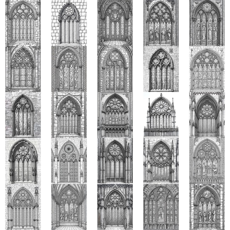 May include: A collection of detailed black and white illustrations of Gothic-style windows and architectural elements. Each drawing showcases intricate designs, including arched frames, stained glass patterns, and stone textures, evoking a sense of historical architecture.