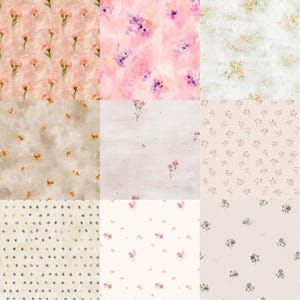 Pode incluir: S&atilde;o apresentados nove padr&otilde;es florais diferentes. Os padr&otilde;es apresentam v&aacute;rias flores em tons de rosa, roxo, laranja e azul, sobre fundos bege, branco e rosa. Os desenhos variam de arranjos florais densos a delicados e esparsos raminhos.