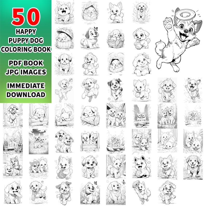 May include: A black and white coloring book featuring 50 illustrations of cute puppies in various poses. The book is titled "50 Happy Puppy Dog Coloring Book" and includes a PDF book and JPG images.