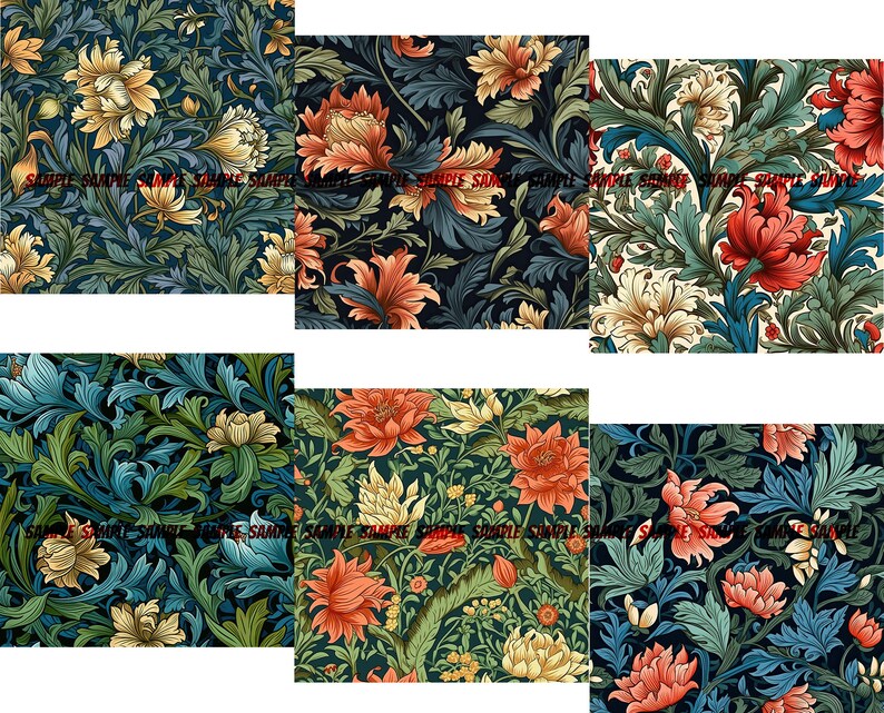 Floral Digital Paper Bundle, Flower Digital Paper, Floral Background, Vintage Scrapbook Paper, William Morris, 12x12 image 2