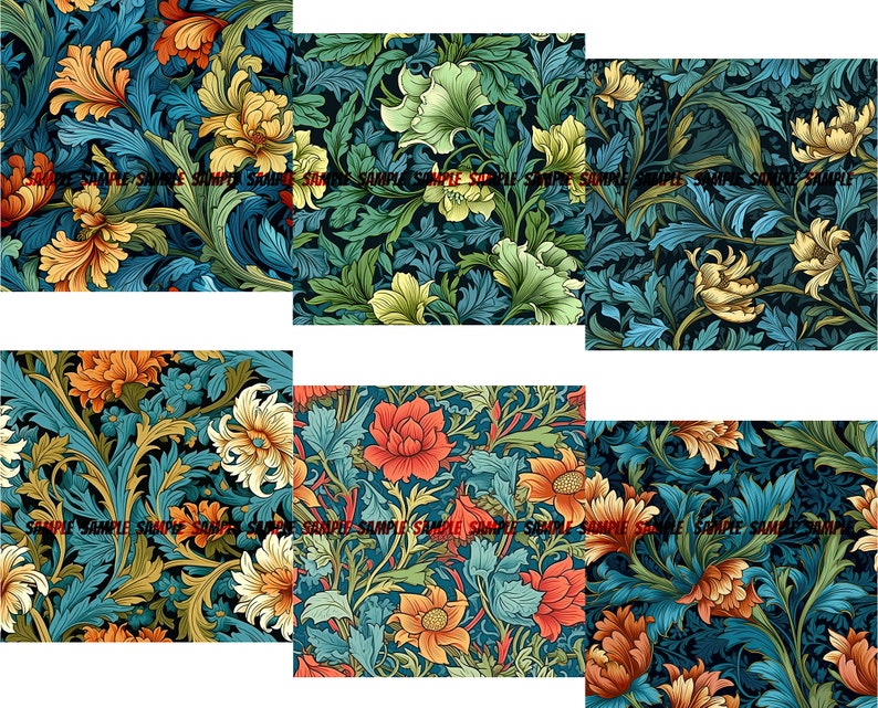Floral Digital Paper Bundle, Flower Digital Paper, Floral Background, Vintage Scrapbook Paper, William Morris, 12x12 image 7