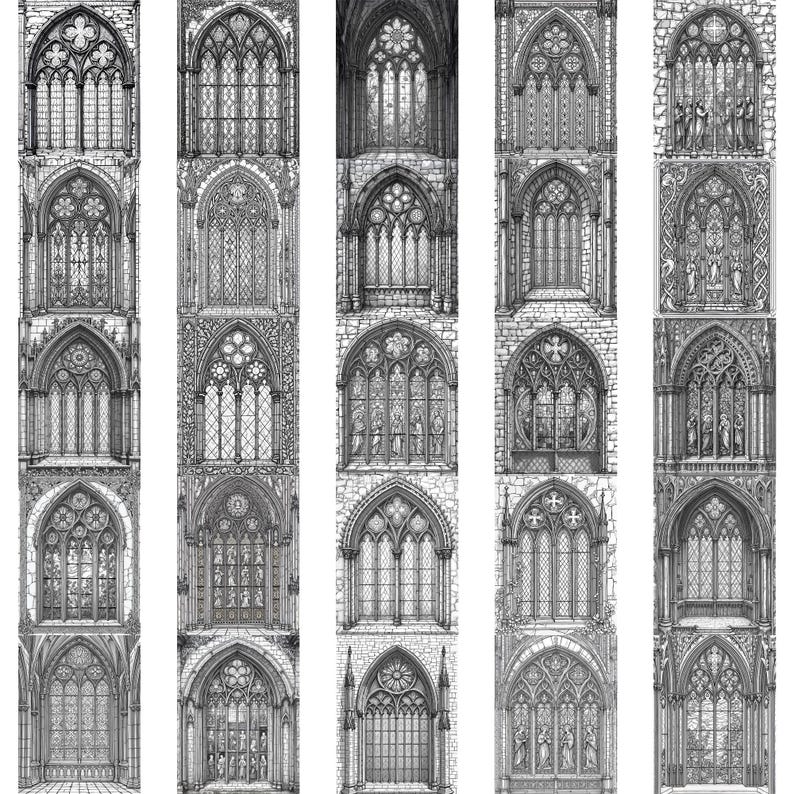 May include: A black and white illustration featuring a series of Gothic-style windows. Each window design is unique, showcasing intricate tracery, arches, and stone detailing. The artwork evokes a sense of historical architecture and craftsmanship.