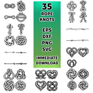 Pacote de clipart de 35 nós de corda / Gráficos de contorno e carimbo / Elemento decorativo / Ornamento, Florescer, Vetor / PNG, SVG / Cricut
