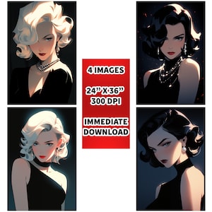 Vier glamouröse Frauen Illustrationen, weibliche Kunst, femme fatale, weiblich Download, Wanddekoration, Wand Kunst, Wand Malerei, Poster, 24 mal 36 Zoll