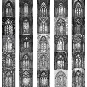 May include: A black and white illustration of several gothic cathedral windows. Each window features intricate stained glass designs, with arched tops and detailed architectural elements. The artwork evokes a sense of historical and religious themes.