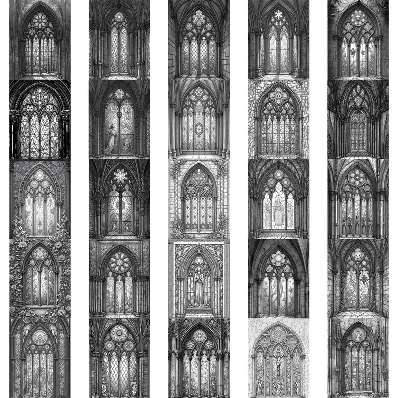 May include: A black and white illustration of several gothic cathedral windows. Each window features intricate stained glass designs, with arched tops and detailed architectural elements. The artwork evokes a sense of historical and religious themes.