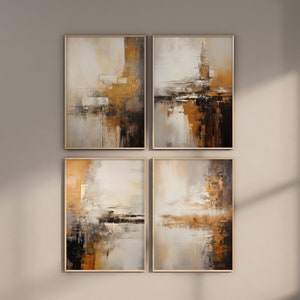 Conjunto de pósteres de pintura al óleo abstracta en amarillo, negro y blanco, industrialismo, texturizado, desgastado, brumoso, pintura abstracta, arte industrial