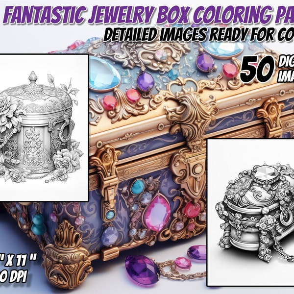 Fantastic Gorgeous Jewelry Boxes Coloring Pages for Adults Kids and Teens, 8.5 x 11, 300 DPI, Instant Download, Printable Pages