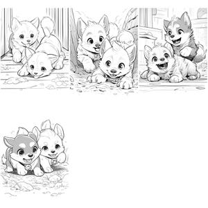 May include: Black and white line drawing of three playful puppies. The puppies are all different breeds and are shown in various poses. One puppy is lying down, another is standing on its hind legs, and the third is sitting down.