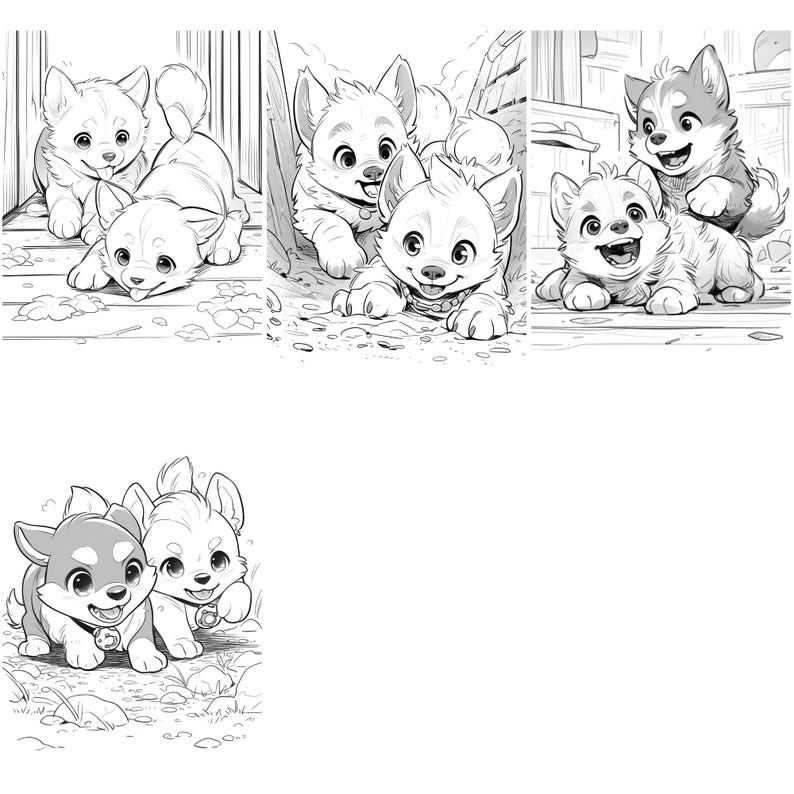 May include: Black and white line drawing of three playful puppies. The puppies are all different breeds and are shown in various poses. One puppy is lying down, another is standing on its hind legs, and the third is sitting down.
