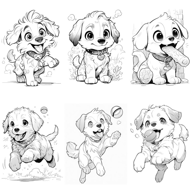 May include: A black and white illustration of six adorable cartoon puppies in various poses. Some puppies are sitting, some are standing, and one is running with a ball. All of the puppies have big eyes and happy expressions.