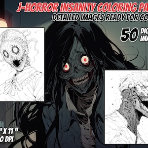 J-Horror Insanity Coloring Pages, Horror Anime Coloring Pages, Adult Coloring, Kawaii Coloring, Instant Download, Printable
