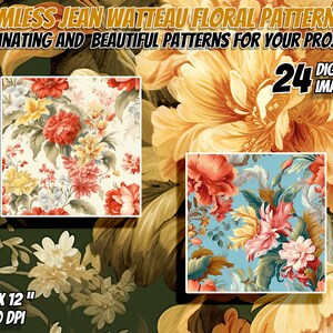 24 Jean-Antoine Watteau Inspired Floral Seamless Patterns Pack 3: Digital Paper, Printable Textures, Commercial Use, Instant Download image 1