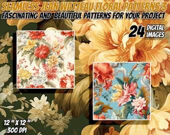 24 Jean-Antoine Watteau Inspirado Floral Seamless Patterns Pack 3: Papel Digital, Texturas Imprimibles, Uso Comercial, Descarga Instantánea