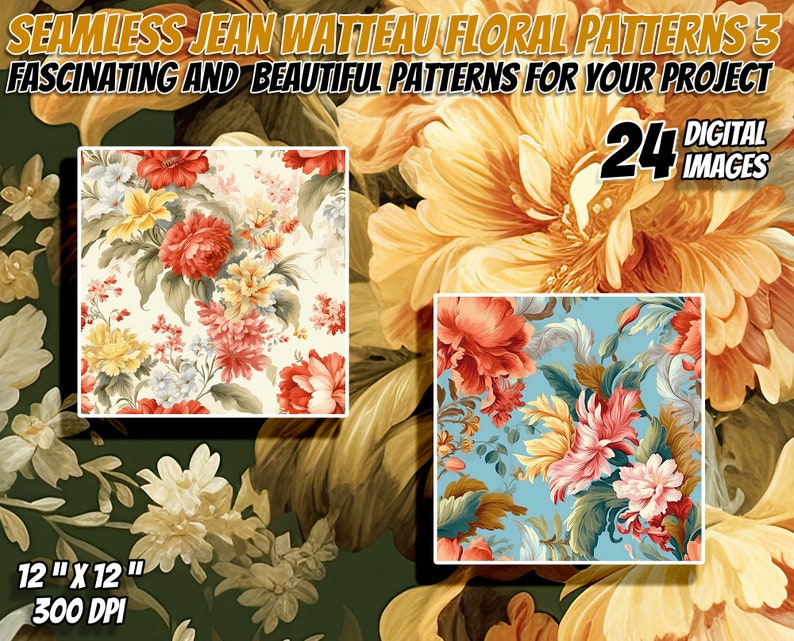 24 Jean-Antoine Watteau Inspired Floral Seamless Patterns Pack 3: Digital Paper, Printable Textures, Commercial Use, Instant Download image 1