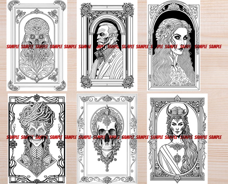 K&ouml;nnte beinhalten: Sechs Schwarzwei&szlig;illustrationen von verschiedenen Fantasiewesen und Menschen in verzierten Rahmen. Die Illustrationen zeigen einen Sch&auml;del, eine Frau mit H&ouml;rnern, eine Frau mit Blumen im Haar, einen Mann mit Bart, eine Frau mit einer Schlange auf dem Kopf und einen Mann mit einem Schnurrbart.