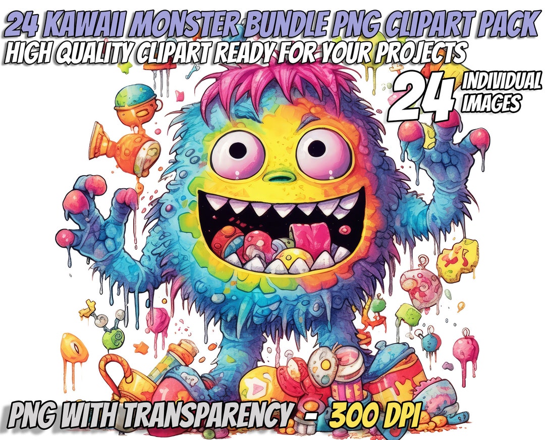 Kawaii Monster Clipart Bundle: Creepy Creatures, 24 PNG Files (digital ...