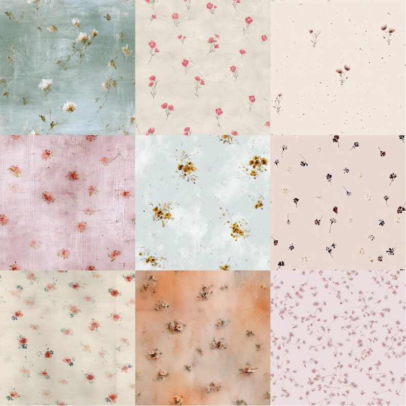Pode incluir: Nove pain&eacute;is quadrados que exibem padr&otilde;es florais em v&aacute;rios fundos. Os designs apresentam pequenas flores em tons de vermelho, amarelo e branco, contra tons pastel de azul, rosa e bege. A est&eacute;tica geral &eacute; vintage e delicada.