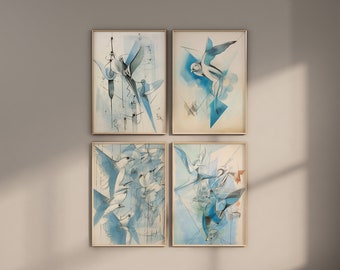 Blue Birds In Flight Bundle Poster Digital Print Set, Precisionism, Dynamic Cubism, Surrealism, Ink and Wash, Gestural Composition,