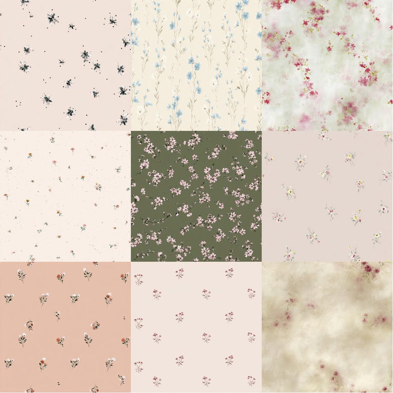 Pode incluir: Nove amostras de tecido com padr&otilde;es florais. Os padr&otilde;es apresentam pequenas flores em v&aacute;rias cores, incluindo rosa, azul e branco, sobre fundos bege, verde e rosa. Os arranjos florais variam de esparsos a densos.