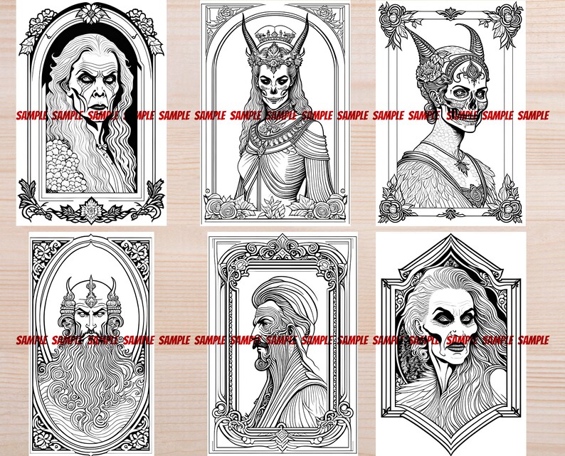 K&ouml;nnte beinhalten: Sechs Schwarzwei&szlig;illustrationen von verschiedenen Charakteren in verzierten Rahmen. Jeder Charakter hat eine einzigartige Frisur und Gesichtsz&uuml;ge. Die Illustrationen sind im gotischen Stil gehalten.