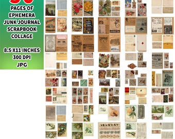 May include: A collection of vintage ephemera for junk journals and scrapbooking. The image features various antique papers, postcards, and illustrations. The text on the left reads "50 PAGES OF EPHEMERA JUNK JOURNAL SCRAPBOOK COLLAGE 8.5 X11 INCHES 300 DPI JPG."