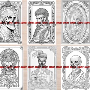K&ouml;nnte beinhalten: Sechs Schwarzwei&szlig;illustrationen von Gesichtern in verzierten Rahmen. Jede Illustration ist eine detaillierte Linienzeichnung eines Gesichts mit aufwendigen Details in den Haaren, der Kleidung und dem Hintergrund.