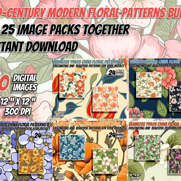 Floral Digital Paper Bundle, Flower Digital Paper, Floral Background, Vintage Scrapbook Paper, Mid-Century Modern Floral China Patterns