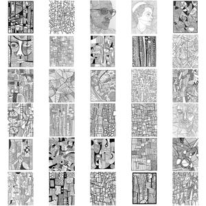 May include: A collection of 30 black and white abstract line drawings. The drawings are all different and feature a variety of geometric shapes and patterns.