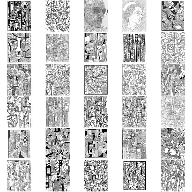 May include: A collection of 30 black and white abstract line drawings. The drawings are all different and feature a variety of geometric shapes and patterns.