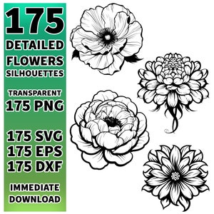 May include: A set of 175 black and white flower silhouettes. The flowers are detailed and intricate, with a variety of shapes and sizes. The silhouettes are perfect for use in crafting, scrapbooking, or digital design.