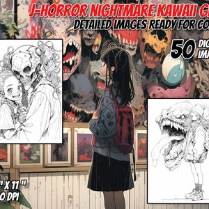 J-Horror Nightmare Kawaii Girls Coloring Pages, Horror Anime Coloring Pages, Adult Coloring, Kawaii Coloring, Instant Download, Printable