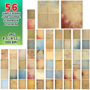Papéis de diário vintage simples em branco, suprimentos para scrapbook de diário - 56 páginas de diário coloridas - itens efêmeros, decoupage, página vintage