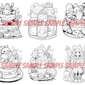 Pode incluir: Um conjunto de seis ilustra&ccedil;&otilde;es em preto e branco com personagens de desenhos animados e sobremesas. As ilustra&ccedil;&otilde;es incluem um bolo com morangos, um frasco de gel&eacute;ia com um gato dentro, um bolo com um gato no topo, um bolo com um gato e morangos, um bolo com um gato e uma colher, e uma menina com um gato no ombro.