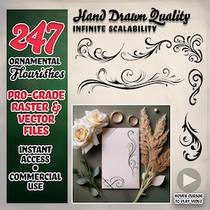 Puede incluir: Imagen que muestra adornos ornamentales, con el texto "247 Ornamental Flourishes". La imagen también incluye el texto "Pro-Grade Raster & Vector Files", "Instant Access" y "Commercial Use". También están presentes las palabras "Hand Drawn Quality" e "Infinite Scalability".