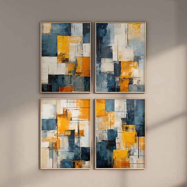 Abstract White Yellow Blue Geometric Painting Bundle Poster Set, texture-rich compositions, post-cubist compositions, vibrant color blocks