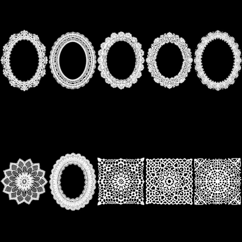 Puede incluir: Una colecci&oacute;n de dise&ntilde;os de encaje blanco sobre un fondo negro. Los dise&ntilde;os incluyen marcos ovalados, un patr&oacute;n floral circular y patrones cuadrados con detalles intrincados. Ideal para manualidades o proyectos decorativos.